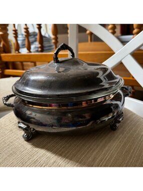 Vintage Silver-Plated Covered Serving Dish Lid Handle Glass Divider Insert